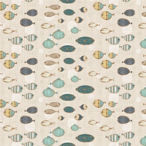 Wooden Fish on Tan, Teal, Yellow,  Small Scale