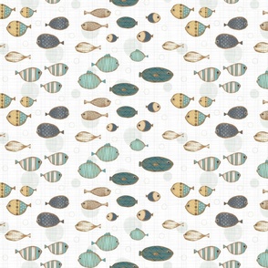 Wooden Fish on White, Teal, Yellow, Aqua,Small
