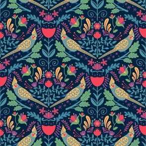 Folk Cockatiel Damask, Jewel tones  on Navy by Brittanylane