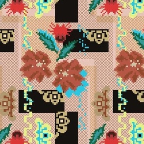 Vintage Cross stitched floral - abstract geometrical pixels