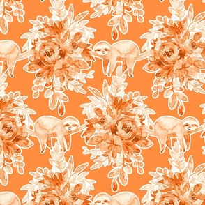 Tangerine Watercolor Floral with Sleepy Sloths - large 