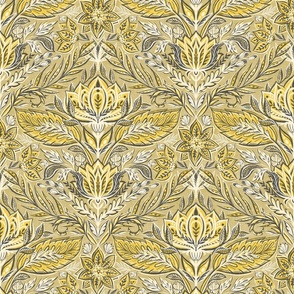 Stylized Botanical Damask in Warm Golden Yellow and Neutral Grey - medium