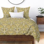 Stylized Botanical Damask in Warm Golden Yellow and Neutral Grey