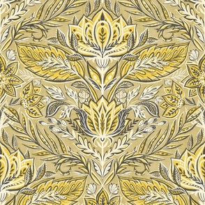 Stylized Botanical Damask in Warm Golden Yellow and Neutral Grey