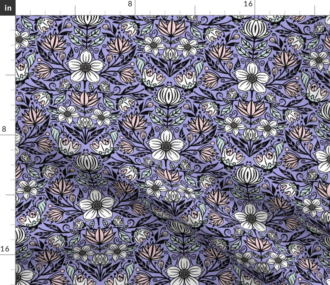 Damask Flowers on Purple / Small Scale