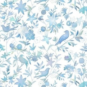 Forest Garden Watercolor Fabric in Caribbean Blue (small scale) | Forest birds, blue floral fabric, blue bird print fabric from original watercolor painting.