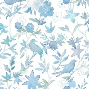 Forest Garden Watercolor Fabric in Caribbean Blue (medium scale) | Forest birds, blue floral fabric, blue bird print fabric from original watercolor painting.