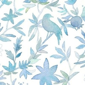 Forest Garden Watercolor Fabric in Caribbean Blue (large scale) | Forest birds, blue floral fabric, blue bird print fabric from original watercolor painting.