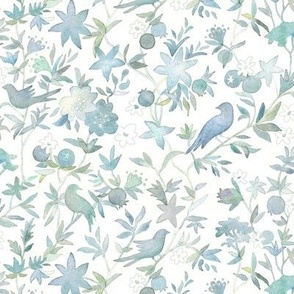 Forest Garden Watercolor Fabric in Sea Mist (small scale) | Forest birds, green floral fabric, soft green bird print fabric from original watercolor painting.