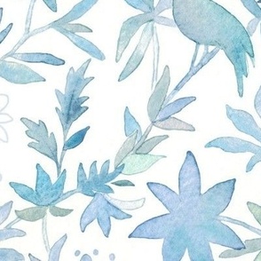 Forest Garden Watercolor Fabric in Caribbean Blue (xl scale) | Forest birds, blue floral fabric, blue bird print fabric from original watercolor painting.