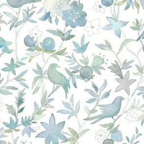 Forest Garden Watercolor Fabric in Sea Mist (medium scale) | Forest birds, green floral fabric, soft green bird print fabric from original watercolor painting.