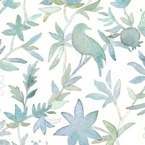 Forest Garden Watercolor Fabric in Sea Mist (large scale) | Forest birds, green floral fabric, soft green bird print fabric from original watercolor painting.