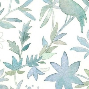 Forest Garden Watercolor Fabric in Sea Mist (xl scale) | Forest birds, green floral fabric, soft green bird print fabric from original watercolor painting.