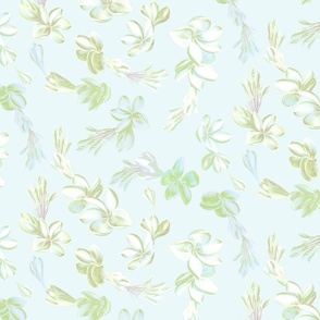 Plumeria Swirls Green on Pale Aqua 300