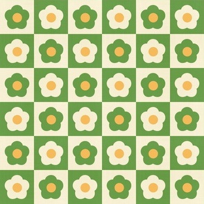 Retro Checkered Daisies, Fresh Vintage Flowers in Spring Colors - Green, Yellow, Cream, Floral Checked Pattern