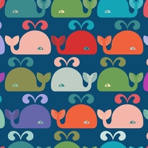 Whales - Multi Jewel Tones on Navy Blue