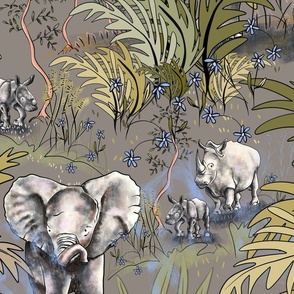 Baby elephants and Rhinos on a walk with dusky earth 