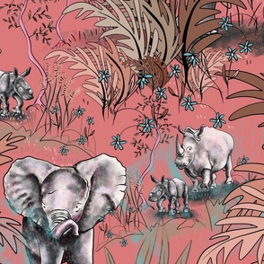 Baby elephants and Rhinos on a walk with bright pinky skies