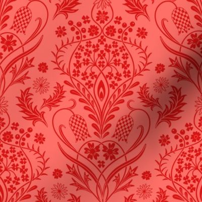 Art Nouveau fritillary acanthus damask large scale in poppy red by Pippa Shaw