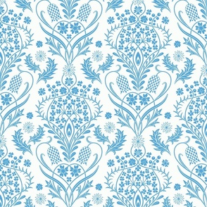 Art Nouveau fritillary acanthus damask wallpaper scale blue white by Pippa Shaw