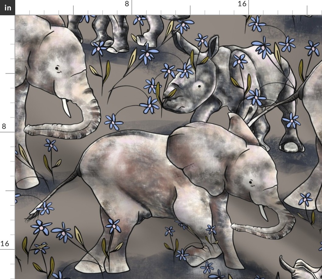 Baby elephants and Rhinos on a walk with dusky earth and blue daisies 