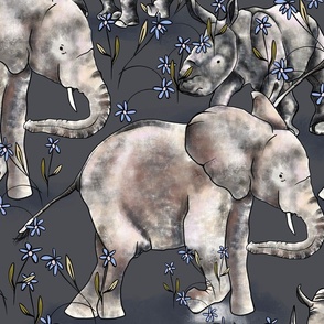 Baby elephant and Rhino walk with blue daisies small 