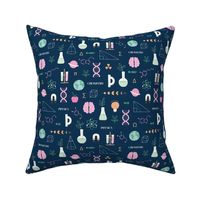 Little Scientist - Modern boho Science student design with dna chemistry and physics icons brain nerd and collega classroom illustrations pink mint on navy blue