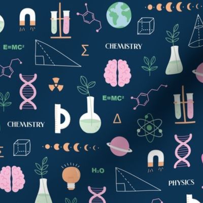 Little Scientist - Modern boho Science student design with dna chemistry and physics icons brain nerd and collega classroom illustrations pink mint on navy blue