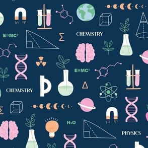 Modern boho Science student design with dna chemistry and physics icons brain nerd and collega classroom illustrations pink mint on navy blue