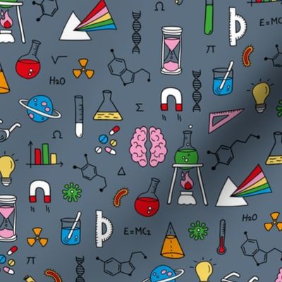 Little Scientist - Freehand science illustrations lab supplies brains numbers and school icons pink blue green primary color palette