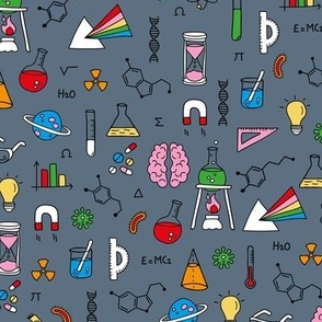 Freehand science illustrations lab supplies brains numbers and school icons pink blue green primary color palette