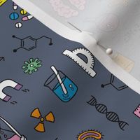 Little Scientist - Freehand science illustrations lab supplies brains numbers and school icons pink blue yellow on purple gray