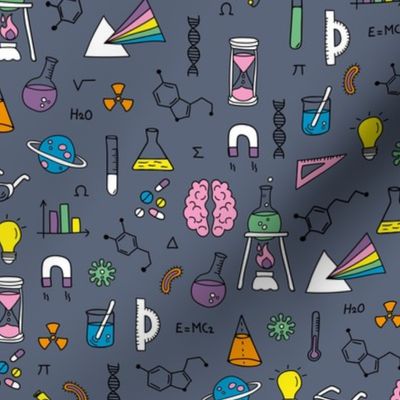 Little Scientist - Freehand science illustrations lab supplies brains numbers and school icons pink blue yellow on purple gray