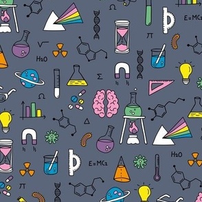 Freehand science illustrations lab supplies brains numbers and school icons pink blue yellow on purple gray