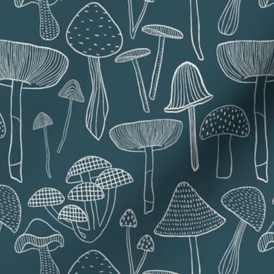 Small // Woodland mushroom line drawing // blue 