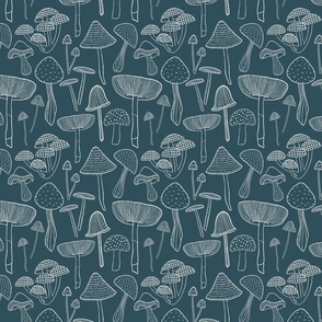 Small // Woodland mushroom line drawing // blue 