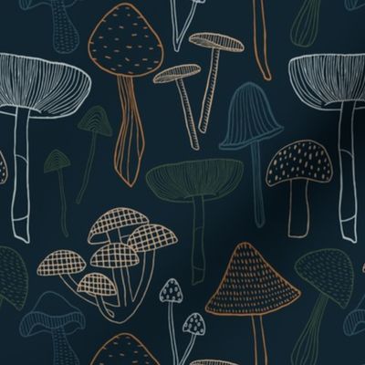 Small // Woodland mushrooms line drawing // earth tones
