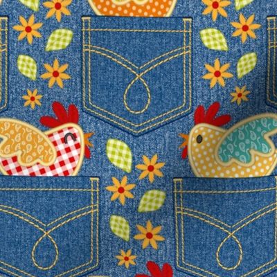 Embroidered Chickens - Pockets