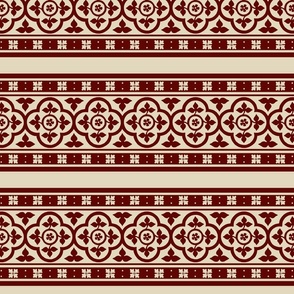 medieval-style quatrefoil borders, dark red on ivory