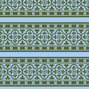 medieval-style quatrefoil borders, olive on sky blue