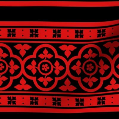 Medieval-style quatrefoil borders, red on black