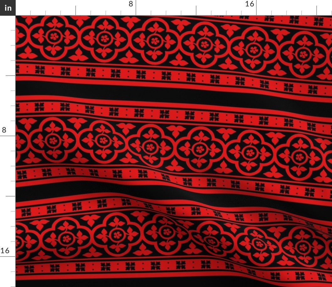 Medieval-style quatrefoil borders, red on black