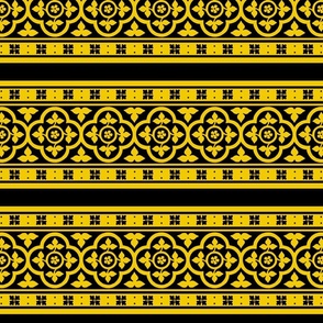 Medieval-style quatrefoil borders, yellow on black