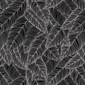 Tropical Botanical Large Palm Leaf Fine Line Pattern Black and Grey