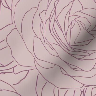 Burgeoning Red Violet Large Roses Line Drawing