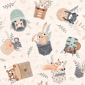 Cute Woodlands Animals Nursery Design with bunny, fox and bear in pockets