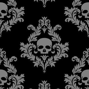 Medium Grey skull damask on Black 