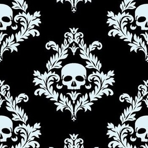 Pale pastel blue skull damask on black 