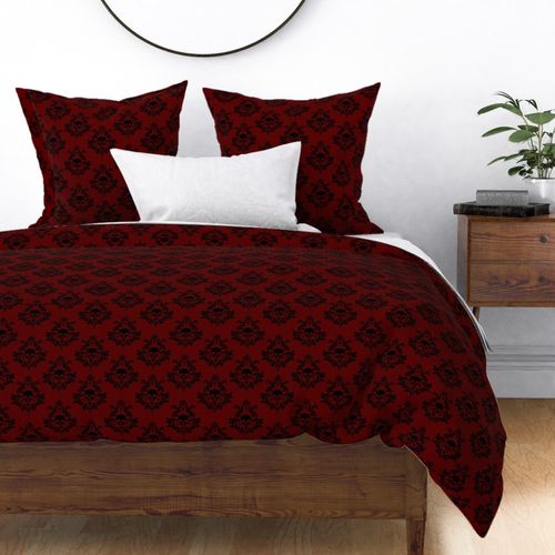 black skull damask on blood red 