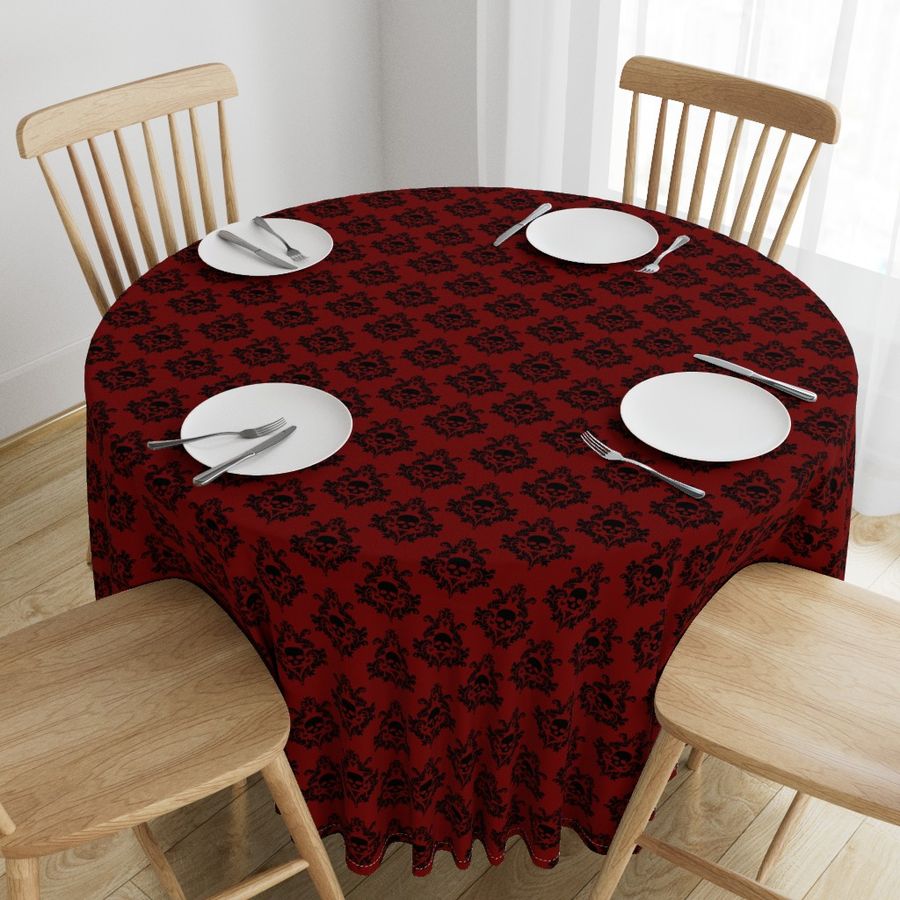 Black skull damask on brick red 